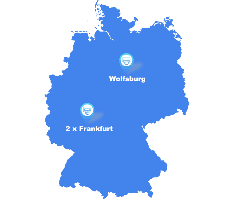 Map of Germany showing data centre locations in Wolfsburg and two data centres in Frankfurt.
