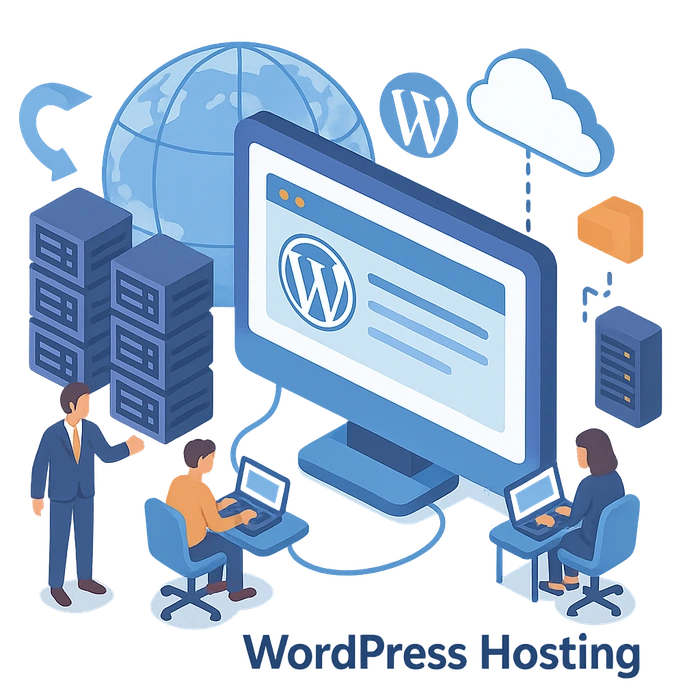 Illustration of servers and cloud systems for professional WordPress hosting and management by IT specialists.