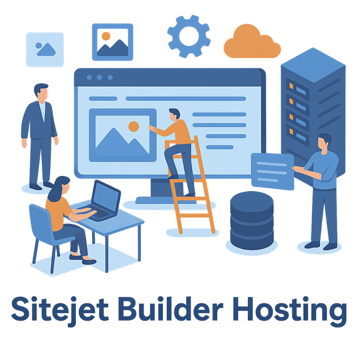 Team working with the Sitejet Builder on a website – hosting, web development, and design on one server.