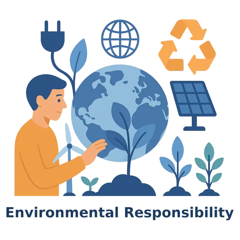 Illustration on environmental protection and sustainable energy featuring the Earth, plants, a solar panel, and green-energy icons.